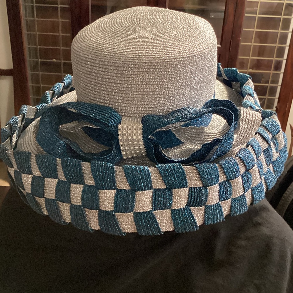 Silver and Royal Blue Braided with Rhinestone Bow Lavish Hat